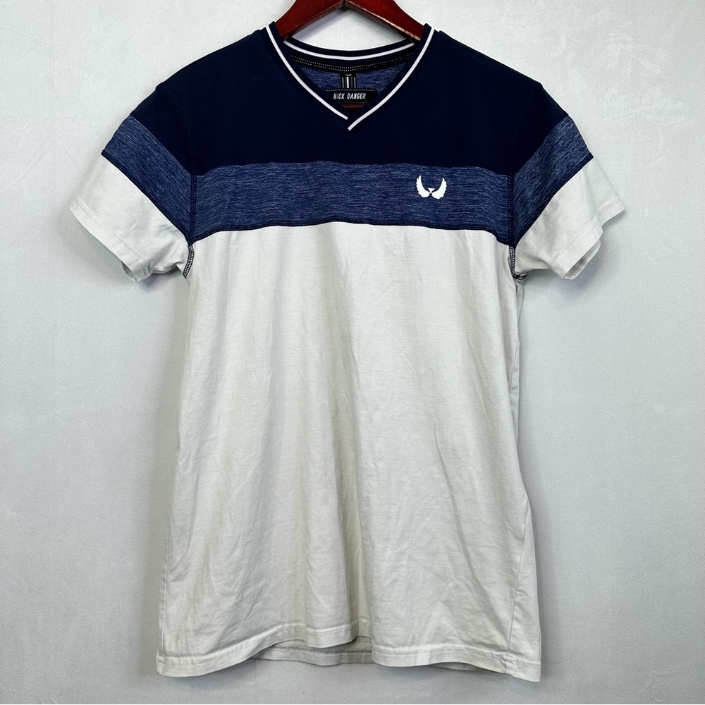 Nick Danger Sporty Short Striped V-Neck Mens Preppy Academic Casual Top